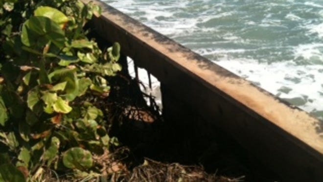 A steel sea wall at a vacant oceanfront property in the 1400 block of South Ocean Boulevard threatens to give out, leaving newer walls and homes in jeopardy.