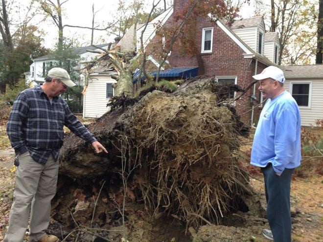 Steve Merlino, left, of Merlino Remodeling in Pennsauken, Camden County talks to homeowner Frank Carr about damage caused to his home in Mount Holly by a downed 80-foot oak tree.