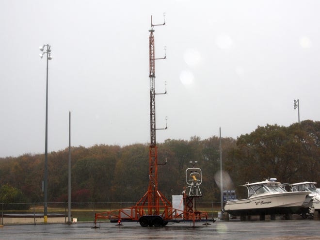 The University of Florida's hurricane research team brought a portable tower that takes wind measurements to Somers Point, N.J., in advance of Sandy making landfall. (Photo courtesy of George Fernandez/UF)