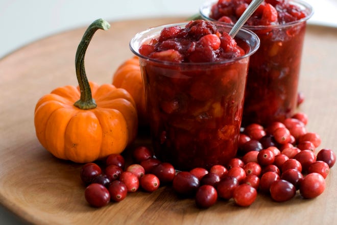 Cranberry chutney with port is thick with fruit and spices. (The Associated Press)