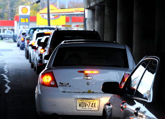 Drivers, the majority from New Jersey, lined up for gas all day Wednesday at stations along Interstate 80 in the Poconos. Here, a line forms at two stations on West Main Street just off I-80.