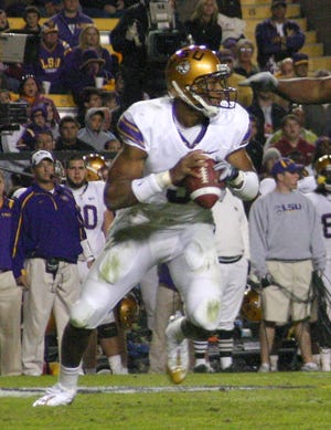 Former LSU quarterback Jordan Jefferson avoids pressure against Arkansas in 2009. Jefferson was arrested on drug charges Thursday. No. 5 LSU hosts top-ranked Alabama on Saturday night at 7:11 p.m. in Tiger Stadium. 
WEEKLY CITIZEN PHOTO/Peter Silas Pasqua