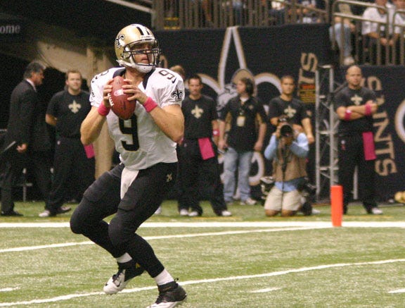 New Orleans Saints quarterback Drew Brees passes against the San Diego Chargers earlier in the season. Brees threw two touchdown passes in a 34-14 loss to the Denver Broncos on Sunday night. 
POST SOUTH PHOTO/Peter Silas Pasqua