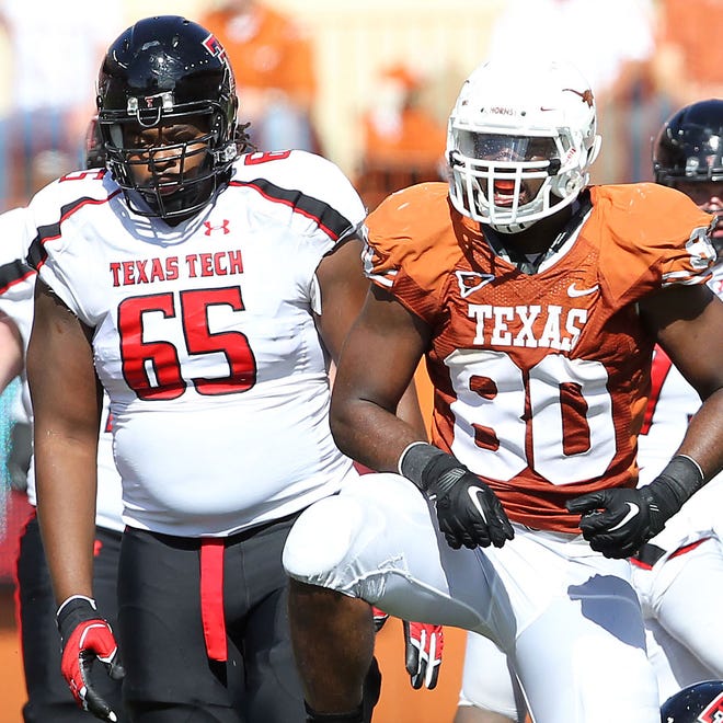 Texas' Alex Okafor celebrates a sack on Texas Tech's Seth Doege during the the Red Raiders' 2011 loss in Austin.