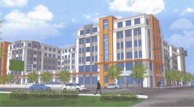 This rendering depicts the six-story, 180-unit apartment building that is proposed for a lot next to the Lowe’s store on Burgin Parkway in Quincy.