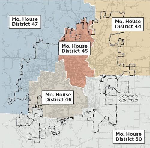 Columbia is divided into five legislative districts, each of which elects a member to the Missouri House of Representatives. In addition, the county constitutes the 19th Senate District.