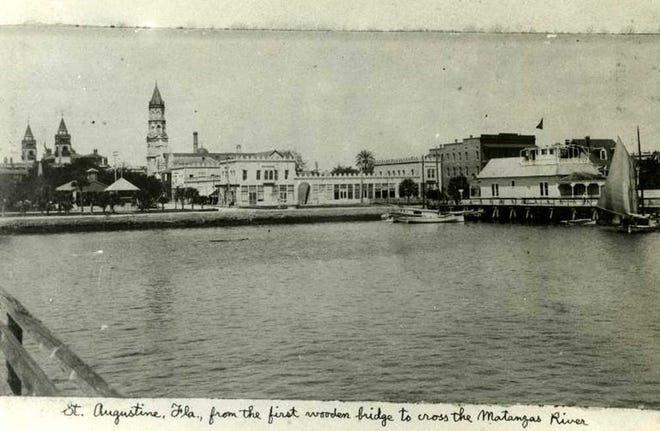 This image of St. Augustine's bayfront circa 1900 showing the first wooden bridge to cross the Matanzas River is one of thousands of historical photographs, drawings, maps and documents that will be available online through "Unearthing St. Augustine's Colonial Heritage," a digitization project that is the brainchild of Tom Caswell, associate University of Florida librarian and curator of the St. Augustine Government House Research Collections. (Photo contributed by UF)