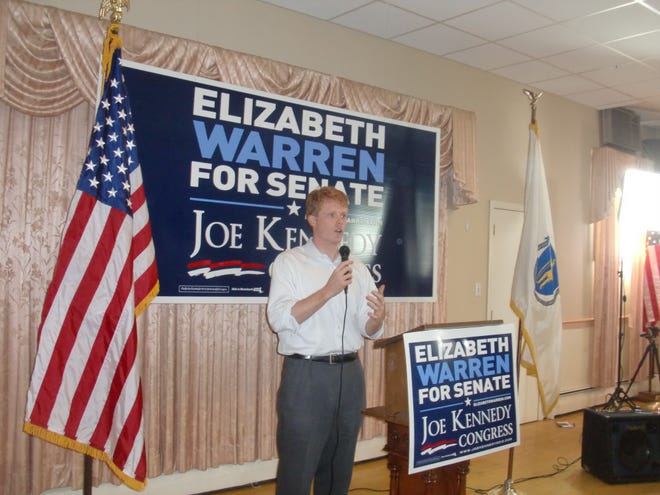 Joseph Kennedy III speaks to supporters during a rally with other Democrats at the Taunton Elks Lodge on Sunday.