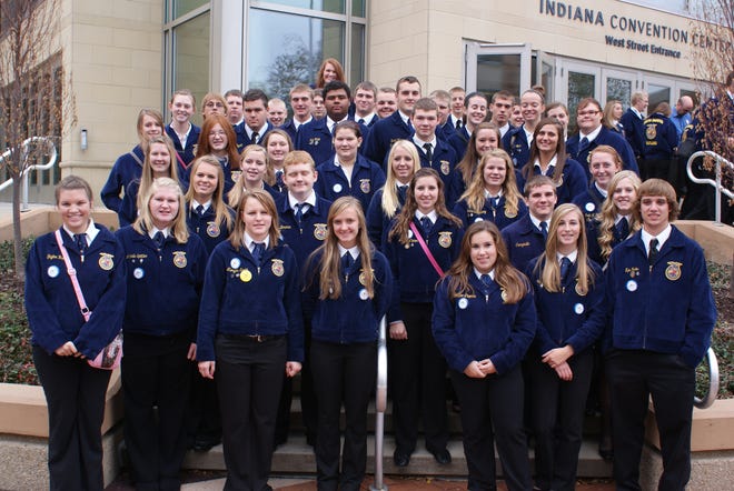 Pictured: Section 1 FFA Members from Scales Mound, River Ridge, Stockton, Pearl City, Lena-Winslow, Dakota, Freeport, Orangeville, Forreston, and Durand-Pecatonica-Winnebago FFA Chapters outside the Indiana Convention Center in downtown Indianapolis, IN. Not pictured were the members of the West Carroll and Eastland FFA Chapters.