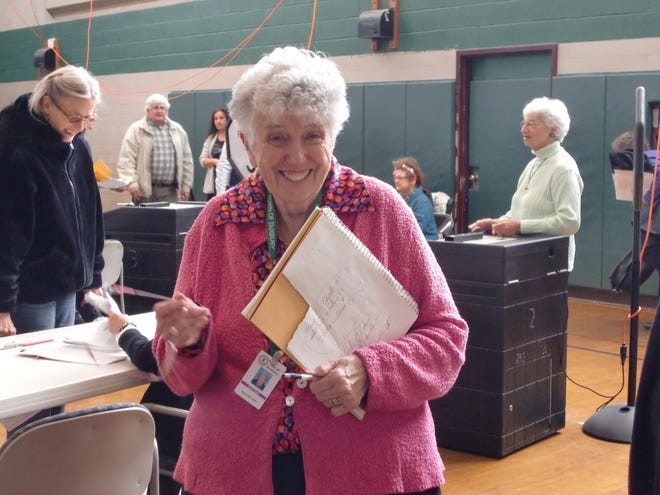 Duxbury Town Clerk Nancy Oates at the Middle School polls.
