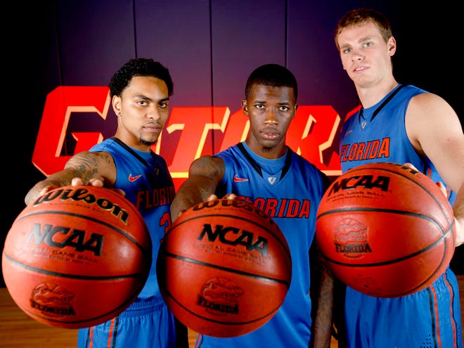 Florida Gators seniors Mike Rosario (from left) Kenny Boynton and Erik Murphy pose for photo during basketball media day on Wednesday, Oct. 10, 2012 in Gainesville, Fla. (Matt Stamey/Staff photographer)