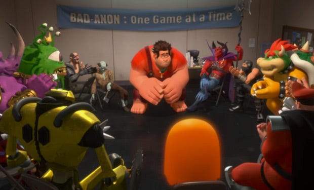 Some familiar video game faces join Ralph in his "Bad Guy Support Group."
