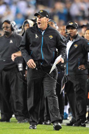 Bruce.Lipsky@jacksonville.com Jaguars coach Mike Mularkey protests the call on Colts' quarterback Andrew Luck's second-quarter touchdown plunge Thursday night at EverBank Field.