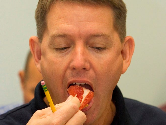 Chad Durrell, general manager of United Indian River Packers of Vero Beach, tastes a variety of grapefruit during a fresh citrus tasting and grading event at the University of Florida Citrus Research and Education Center in Lake Alfred Tuesday.