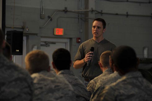 Eric Smallridge speaks to Airmen at the Commando Hangar on Hurlburt field, Nov. 5. Smallridge killed Meagan Napier and Lisa Dickson in 2002 while he was driving drunk; still incarcerated he now tells his story to discourage others from making the same mistake.