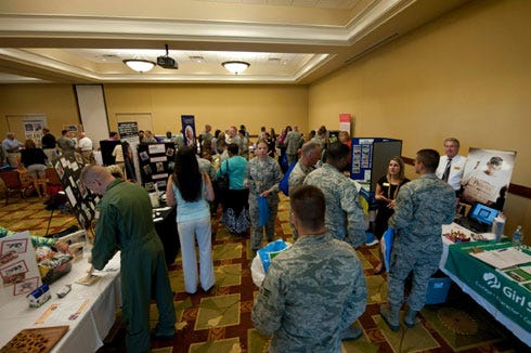 Dozens of Airmen met with various representatives from charities during the Combined Federal Campaign kickoff at the Soundside Club at Hurlburt Field, Sept 25, 2012. The charities boasted their programs with display booths, pamphlets, presentation boards and free marketing items.