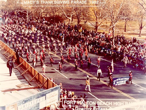 This photo shows the Fort Walton Beach High School marching band performing in the Macy’s Thanksgiving Day Parade in 1982.