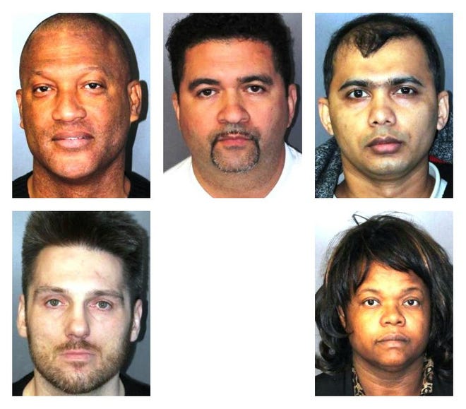 Owners and clerks of Brockton convenience stores who were arrested on Thursday, Nov. 8, 2012, on charges of food stamps fraud. Top row, from left: Dominic Saintus, Orlando Andrade, Abu Osman; bottom row, Cicerano, Marie Pierre.