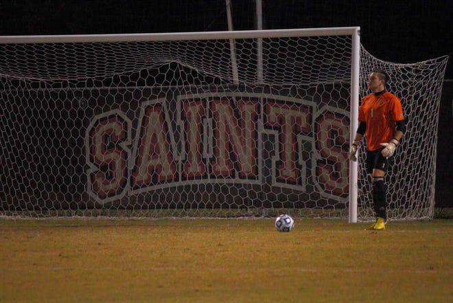 Flagler College goalkeeper Camp Bissell looks on during Saturday's second-round NCAA match.