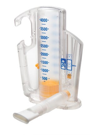A Volumetric Incentive Spirometer used to measure air capacity of lungs.