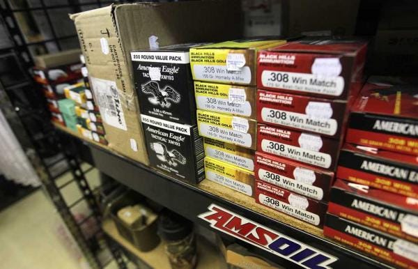 Ammunition is stacked on a shelf Tuesday at Sharp Shooters Knife & Gun in Lubbock.