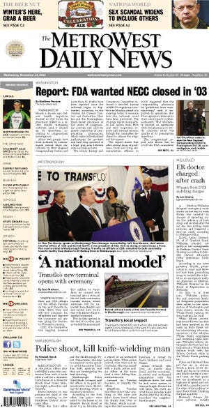 The front page of the 11/14/12 MetroWest Daily News