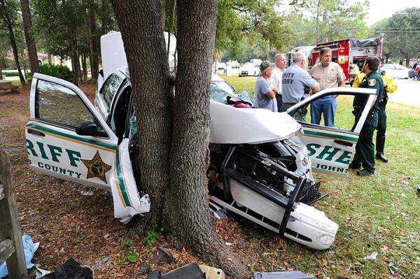 A St. Johns County deputy was seriously injured after this crash, Nov. 16, 2012. Authorities say the deputy was responding to an armed robbery call when the 10:36 a.m. crash occurred. Another vehicle was involved; that driver did not suffer life-threatening injuries.