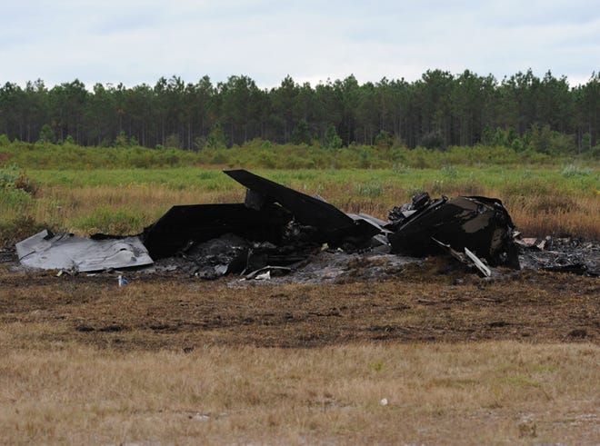 Burned pieces are all that is left of the F-22 Raptor that crashed Thursday. Tyndall 325th Fighter Wing officials are continuing to investigate and secure the scene. The pilot safely ejected from the aircraft and first responders were on the scene in less than two minutes.