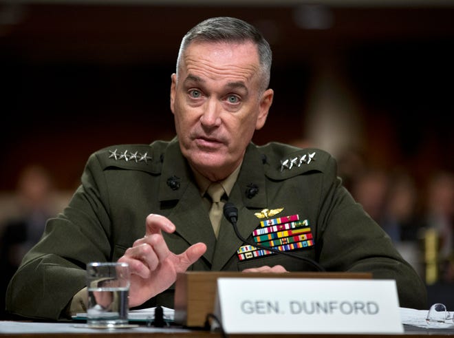 Marine Gen. Joseph Dunford, Jr. testifies on Capitol Hill in Washington, Thursday, Nov. 15, 2012, before the Senate Armed Services Committee hearing on his confirmation to be the commander of the International Security Assistance Force and to be commander of the U.S. Forces, Afghanistan. Dunford would replace Gen. John Allen, who is the subject of a Pentagon investigation for potentially inappropriate communications. (AP Photo/Manuel Balce Ceneta)