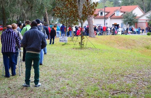 About 140 people were still waiting in line two hours after the Mandarin Food Bank began handing out the first of 500 Thanksgiving food baskets at 9 a.m. Monday.