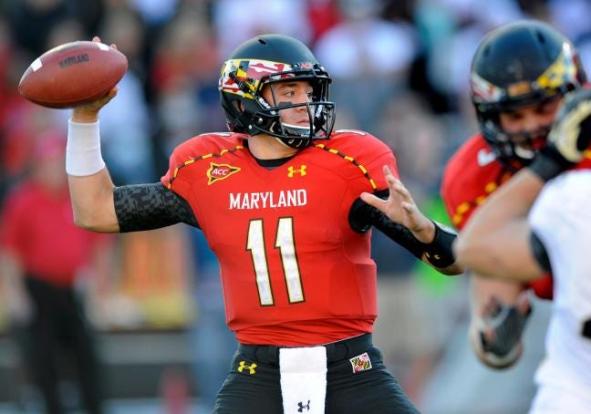 This Oct. 6 file photo shows Maryland quarterback Perry Hills (11) looking to pass during the first half of an NCAA football game against Wake Forest in College Park, Md. Maryland is set to announce it is joining the Big Ten.