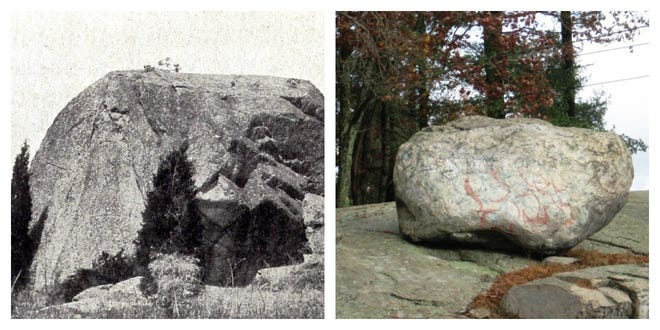 A pre-1907 postcard (left) shows this view of Weymouth’s House Rock. It is the largest boulder in New England that is completely above ground. As you approach the Hingham-Weymouth town line on Oak Street, you can see Perched Rock on the left. The rock is often covered with graffiti.