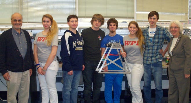 From left, are Tri-County engineering instructor Mohammed Bakr, Jacqueline Tedesco of Franklin, Adam Civilinski of North Attleborough, Jake Billington of North Attleborough, Lukas Hawkins of Sherborn, Shannon Croatto of Franklin, Patrick McLaughlin of Franklin and Florence Gold.