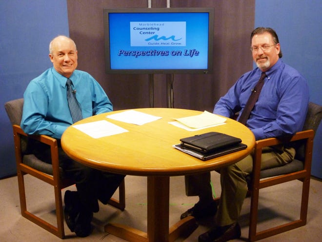 Paul Crosby, left, and Robert M. Purdy, both psychotherapists at the Marblehead Counseling Center, discuss strategies for handling grief and dealing with depression during the holidays during the latest edition of the MHTV show 'Perspectives on Life.'