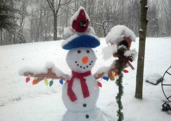 Photo by Steven Reilly/New Jersey Herald - Snow accumulates on a snowman decoration in Lake Neepaulin Tuesday morning.