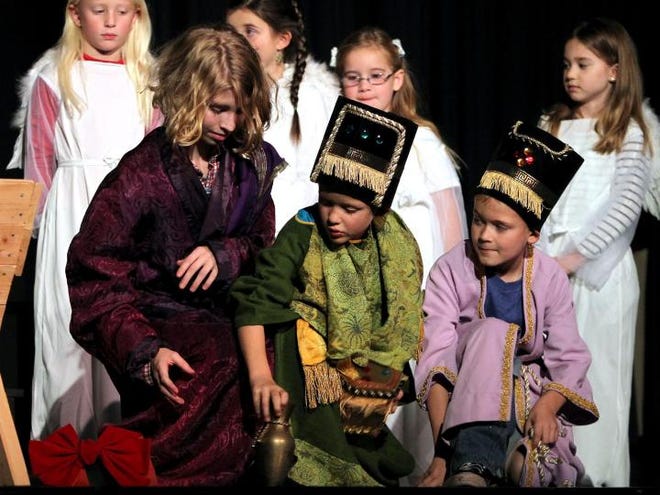 The three wisemen, Kyra Howard as Lea Herdman, Turner Brown as Claude Herdman, and Noah Johnson as Ollie Herdman, in a scene from the Kings Mountain Little Theatre production of "The Best Christmas Pageant Ever". (John Clark / Halifax Media Group)