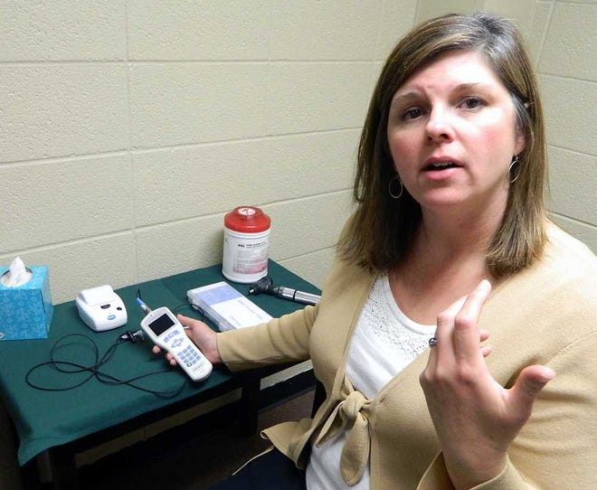 Angie Reeder, an audiologist with the Schiefelbusch Speech-Language Hearing Clinic and a clinical assistant professor at The University of Kansas, explains the three tests used on babies who fail their newborn hearing screening. Reeder is the audiologist who is working at the Schiefelbush Clinic at Topeka Scottish Rite, 2300 S.W. 30th.