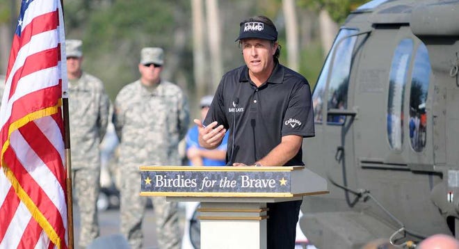 Phil Mickelson speaks at Birdies for the Brave at TPC Sawgrass in Ponte Vedra Beach. Birdies for the Brave is the PGA Tour "national military outreach initiative dedicated to honoring and showing appreciation to the courageous men and women of our U.S. armed forces and their families.