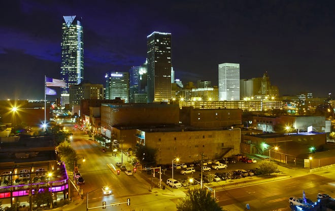 Downtown Oklahoma City’s skyline is seen at night.