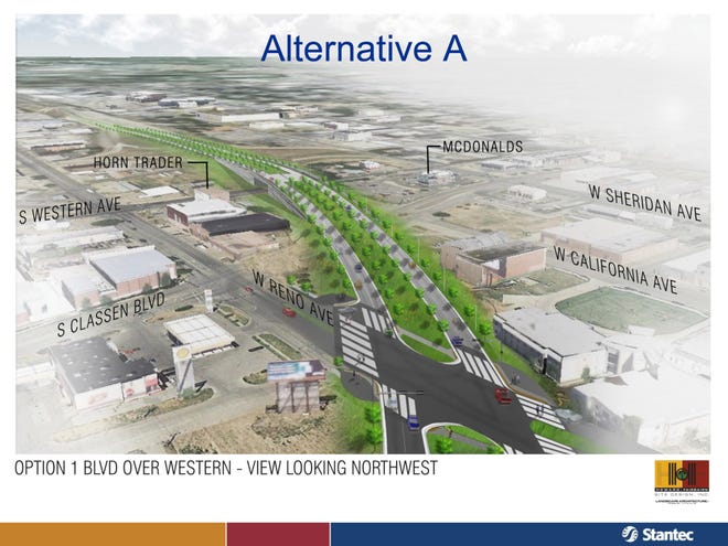 This view shows consultants' recommended design of the western section of the future Oklahoma City Boulevard, shown here in a drawing looking west. The boulevard would be raised over Western Avenue, but at-grade by Reno Avenue to the east. PROVIDED - City of Oklahoma City
