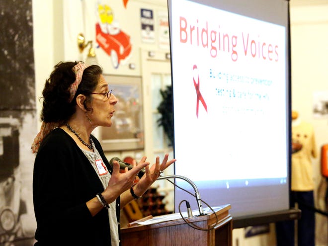 Robin Lewy of the Rural Women's Health Project speaks during a conference at the Matheson Museum to address the rise of HIV/AIDs in North Florida, discussing the reasons, the stigma associated with the disease, and local resources to contain it, in Gainesville on Friday.
