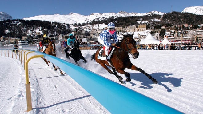 The first three Sundays in February are reserved for thoroughbred races over a mile-long track on frozen St. Moritz Lake. Photo by Patrick Blarer