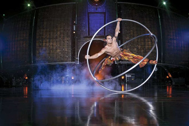 One of the characters of Cirque du Soleil's "Dralion," which opens a five-day, nine-show run Wednesday in Landon Arena at the Kansas Expocentre, is Kala, the heart of the wheel which represents time and the infinite cycle.