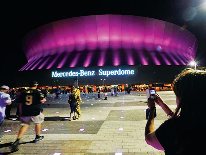 Exterior view of the newly renamed Mercedes-Benz Superdome before the first quarter of an NFL football game between the New Orleans Saints and the Indianapolis Colts at the Superdome in New Orleans, Sunday, Oct. 23, 2011. (AP Photo/Bill Feig)