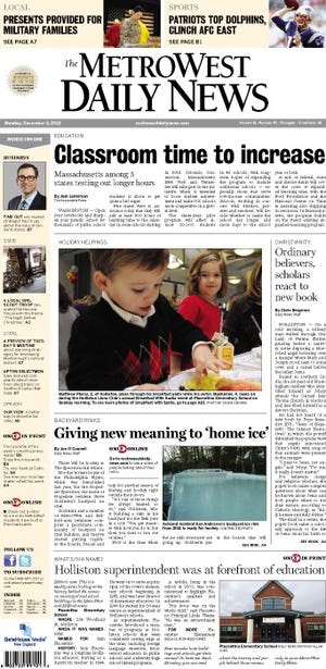 The front page of the 12/3/12 MetroWest Daily News