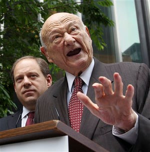 FILE - In this May 16, 2012 file photo, former New York City mayor Ed Koch, right, talks to reporters as Assemblyman Rory Lancman looks on. Koch, 87, was admitted to New York Presbyterian Hospital with a respiratory infection on Tuesday, Dec. 4, 2012 and is being treated with antibiotics. It's Koch's second hospitalization in three months. (AP Photo/Seth Wenig, File)