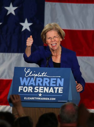 Elizabeth Warren gives her acceptance to the crowd at the Fairmont Copley in Boston on Tuesday, Nov. 6, 2012.