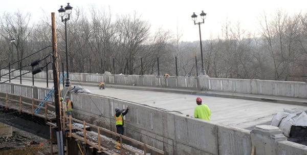 Work continues on the Seventh Street Bridge in Stroudsburg on Tuesday.