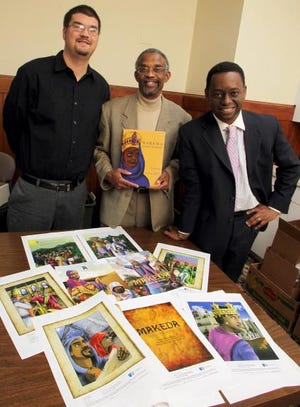 From left, illustrator Jack Hoyle, author Ron Harrill and editor Michael Johnson share the pages of the updated version of “Makeda Queen of Sheba.” Brittany Randolph/The Star