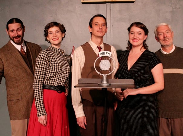 Charles Auten (from left, Katie Sawhill, Kevin Wilson, Amanda Young and Mark Basquill star in "It's a Wonderful Life: A Classic Holiday Radio Play," at Cape Fear Playhouse. Photo courtesy of Big Dawg Productions.
